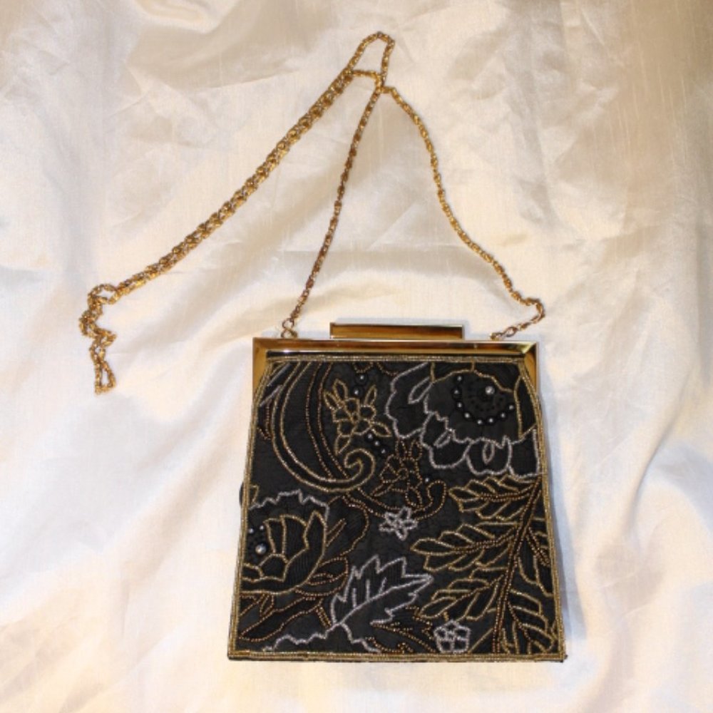 Grosgrain Black/Beaded Floral Clutch Purse with chain strap